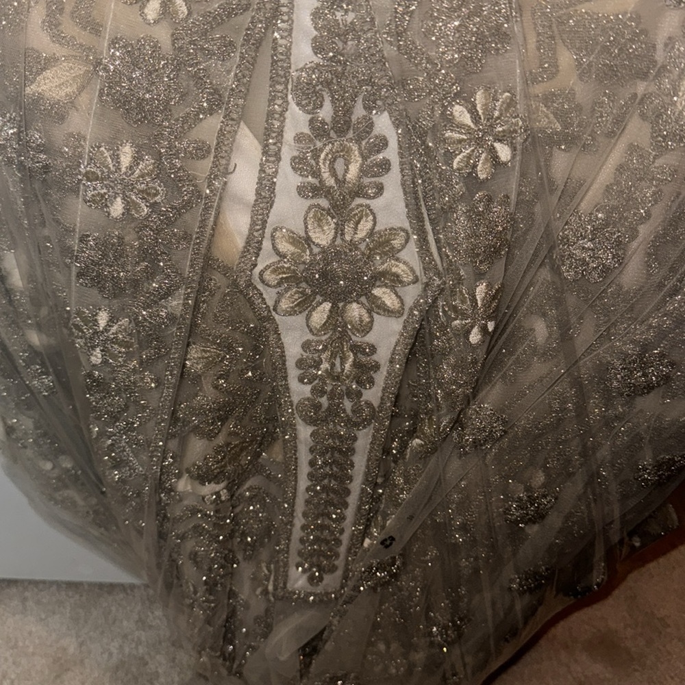 Embroidered Ivory and Gold Sheer Overlay Dress - Picture 4 of 6